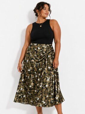 Olive Abstract Floral Satin Midi Skirt Twist Front